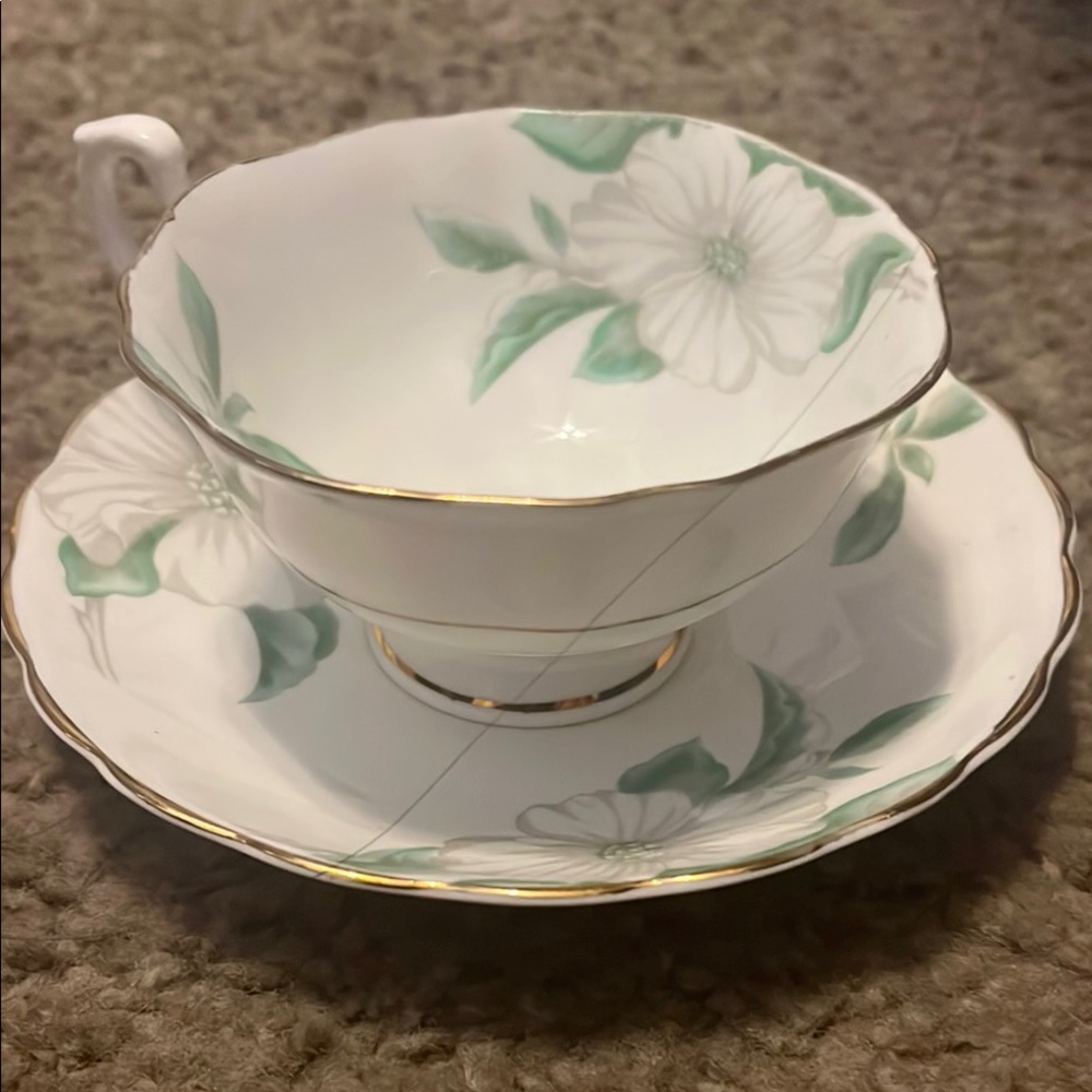 Vintage Crownford Fine Bone China Floral Teacup and Saucer Set - White and Green